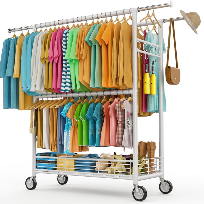 Вішалка для одягу Bomclap, міцна, на колесах, розсувна, з 3 перекладинами, 8 гачків та полицею, до 160 кг, біла