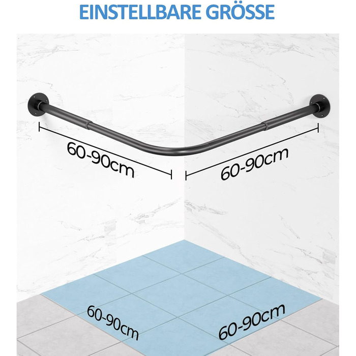 Регульована штанга для душу L-подібної форми, 60-134 см, з кріпленням для штори та підставкою для стелі, чорна (60-90 см x 60-90 см)