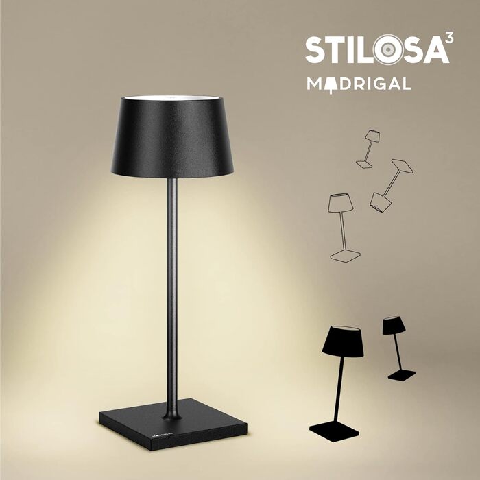Стильна LED-лампа Stilosa на акумуляторі, бездротова, диммер, сенсорне управління, USB-C зарядка, для дому та на вулицю, квадратна база (30 см), чорна