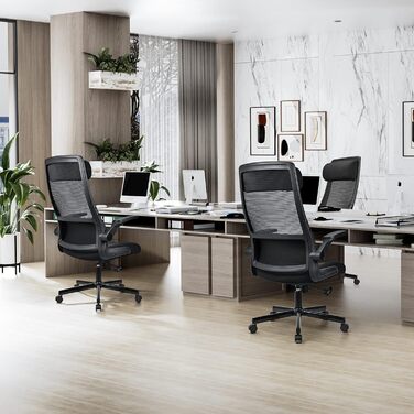 Ергономічне крісло для офісу з регульованою підголовником, офісне крісло з сітки, відкидні підлокітники, широке сидіння, функція гойдання, комп'ютерне крісло EN 1335, офісне крісло 200 кг, чорне