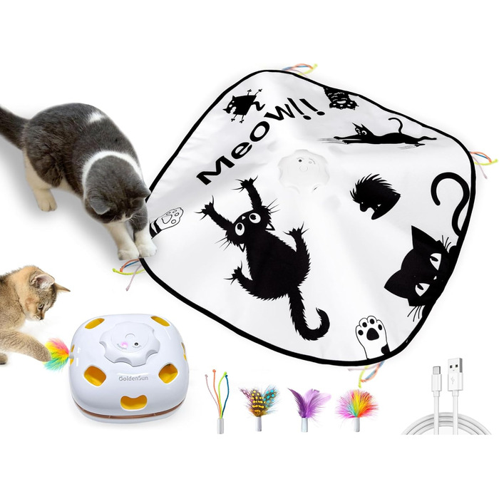 GoldenSun Cat Toy, Rechargeable, Interactive 4-in-1 Toy for Indoor, Hide-and-Seek Toy for Kittens, Whack a Mole Motion, Electronic Cat Toy for Exercise