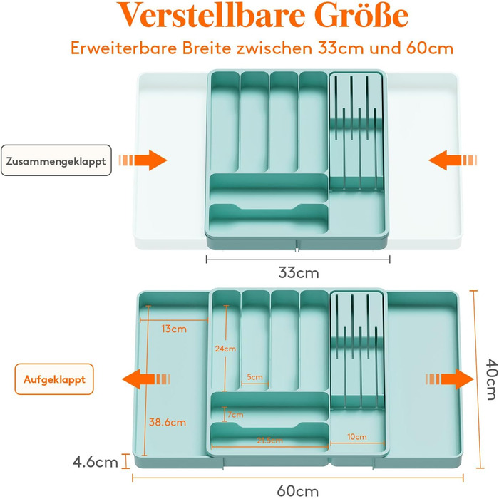 Органайзер для столових приборів Lifewit в шухляду, розширюваний, з відділенням для ножів (40 см, бірюзовий)