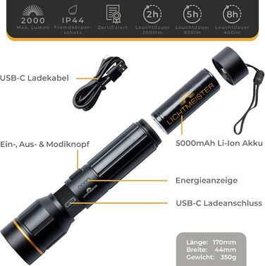 LICHTMEISTER® Ліхтарик LED 2000 люмен, акумулятор 5000 мАг, надяскравий, акумуляторний