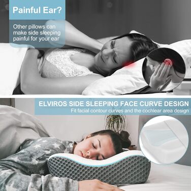 Elviros Orthopedic Pillow, Memory Foam Ergonomic Neck Support Pillow, Neck Pillow Head Pillow Neck Pain, Side Sleeper Pillow Stomach Sleeper Pillow, with Cover, Dark Grey