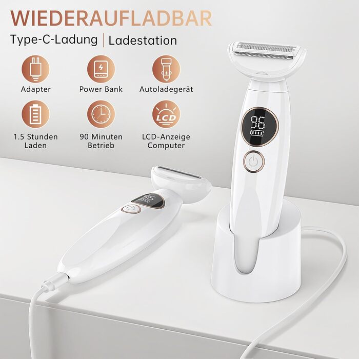 Електричний жіночий тример Lightbiz 5-в-1 для тіла та обличчя, водонепроникний (IPX7), USB-зарядка, білий