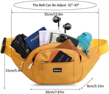 Водонепроникна поясна сумка на пояс, 3 кишені на блискавці для чоловіків та жінок, для піших прогулянок, туризму, спорту, подорожей, гаманець (Жовтий)