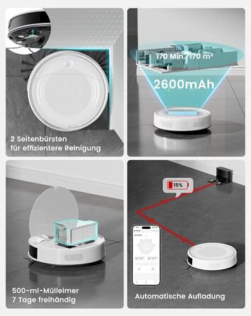 Робот-пилосос LEFANT M2 з функцією миття, 6000Pa, LiDAR-навігація, зони заборони, керування через APP/Alexa, для шерсті тварин, килимів та твердих підлог (M310 Ultra-W)