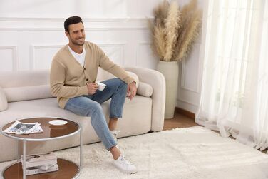 Чоловічий в'язаний кардиган вінтажного стилю з ґудзиками, з довгим рукавом, V-подібний виріз, легкий та теплий на осінь/зиму, бежевий, розмір M