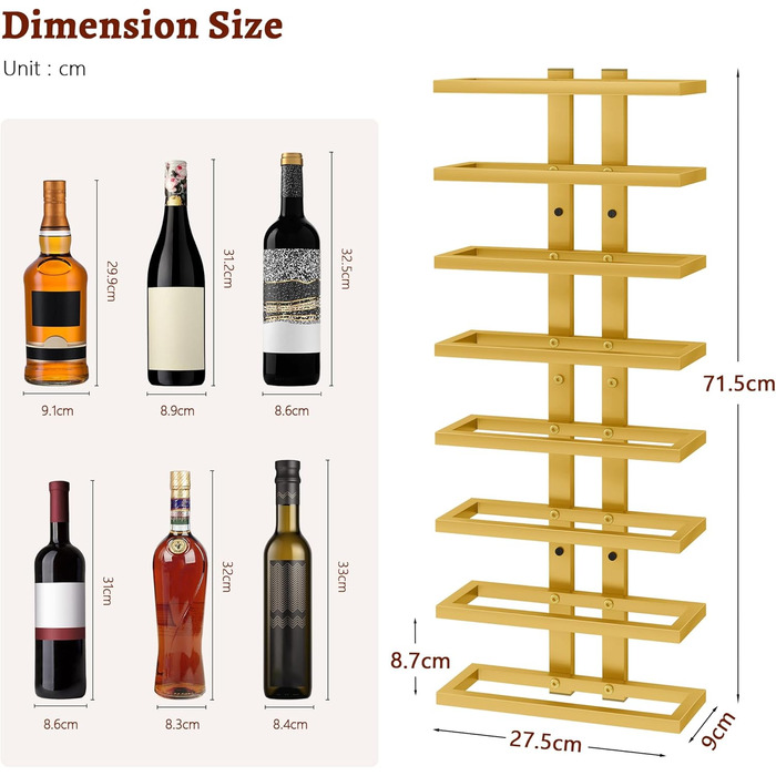 Настінна вітрина для вина FAVOOOSTY з 8 полицями, металева, для вітальні, спальні, винного погреба (Золота, 1 шт.)