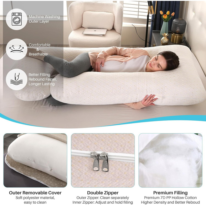 М'яке вагітне крісло GKXLH – подушка для вагітних для підтримки спини, живота, стегон, ніг, J-подібна подушка для вагітних для підтримки всього тіла, знімний чохол (білий)