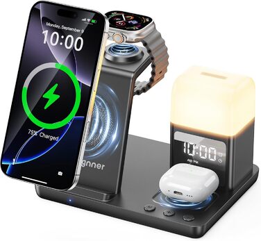 Бездротова зарядка для iPhone 17/16/15/14/13/12, 6-в-1 з нічною лампою та будильником, сумісна з Apple Watch та AirPods (Білий/Чорний)