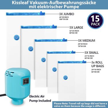 Kissleaf Vacuum Bags for Clothes and Bedding with Electric Pump, 15 Pieces, Travel, Quick Air Extraction, Space-Saving, Dust and Waterproof, Plus Size for More Compression