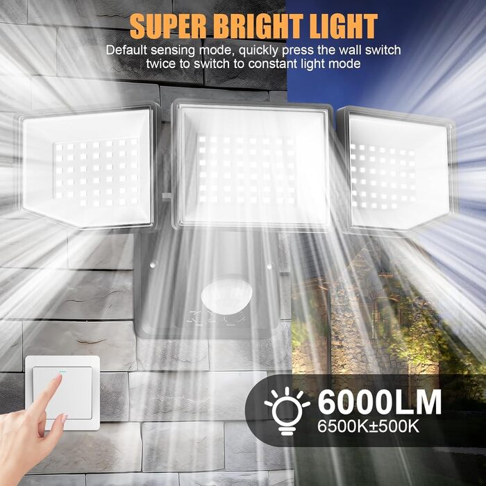 LED Floodlight with Motion Sensor Outdoor, 6000LM 38W Super Bright Outdoor Floodlight with Adjustable 3 Heads, 6500K Cold White LED Spotlight, IP65 Waterproof Outdoor Light for Garage, Garden, Yard...