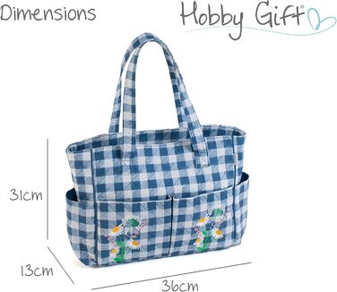 Crafting Kit Bag, Cotton, 13 x 36 x 31cm (Checkered pattern with wildflowers)