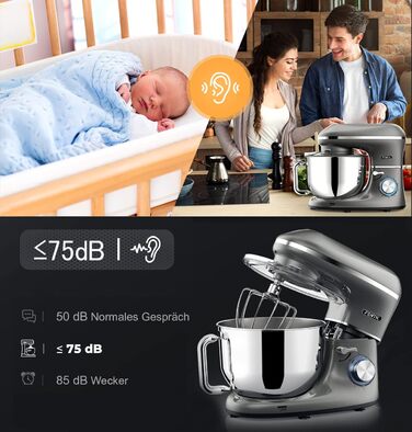 Fentic 2000W Stand Mixer - Stainless Steel Bowl (6.2L) - Kitchen Machine with Dough Hook, Beater, Whisk & Splash Guard - Includes Accessories - Anthracite