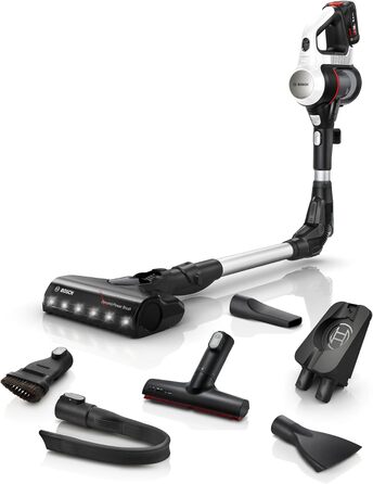 Бездротовий акумуляторний пилосос Bosch Unlimited 7 BSS711W - ручний, без мішка, з акумулятором, гнучкий шланг, фільтр гігієни, 10 років гарантії на мотор, XXL насадка для м'яких меблів, LED-підсвічування, турбо-режим, білий