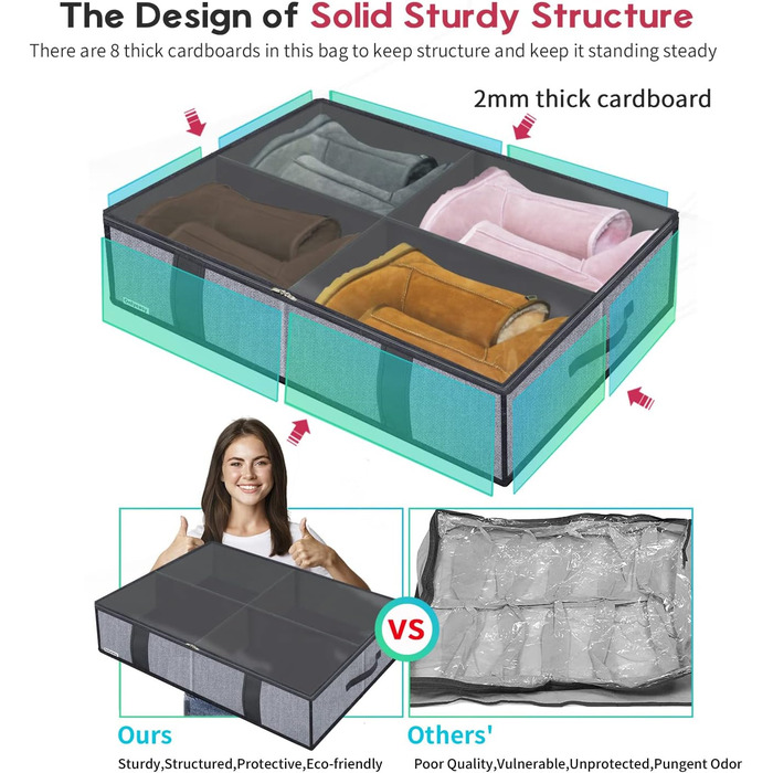 Комод під ліжко Homyfort 2 шт. для взуття з прозорим кришкою - органайзер для взуття, міцна коробка для зберігання з 14 + 4 відділеннями, сірий льон, XDUBS14S4, 86 x 60 x 15 см