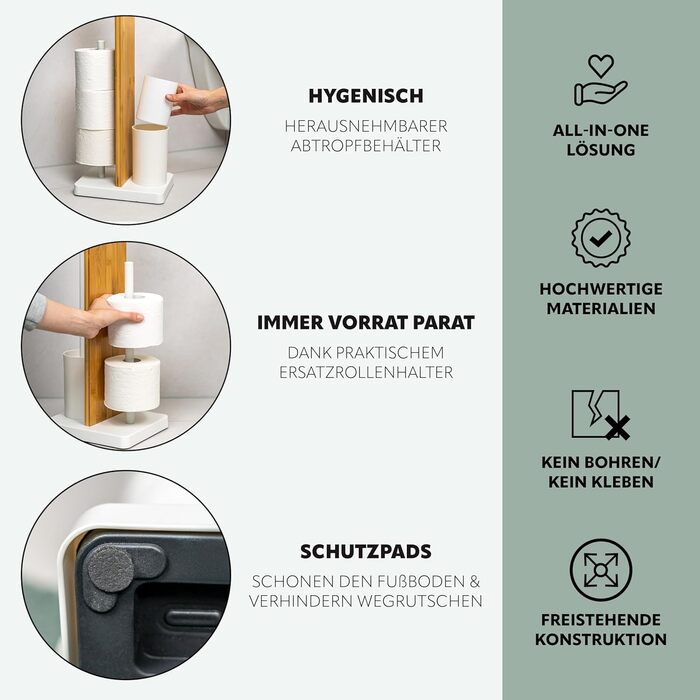 Набір для туалету Eluno 4 в 1: щітка, тримач рулонів, полиця, бамбук/метал (білий)