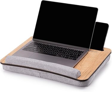 Підставка для ноутбука Vigo Wood з подушкою, портативна, дерев'яна, для дому та офісу, з м'якою підкладкою для зап'ястя, сумісна з ноутбуками та планшетами (волоський горіх, дуб & сірий)