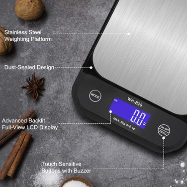 Водонеробочі кухонні ваги 3T6B IP67, USB, 5 кг/0.1 г, LED-дисплей для приготування їжі та випічки
