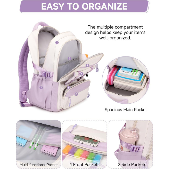 Шкільний рюкзак для дівчаток 2 в 1: рюкзак та сумка через плече, 45 см, фіолетовий. Підходить для 3-7 класів.