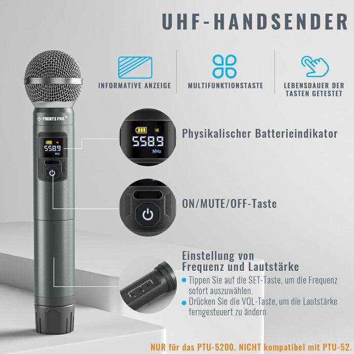 Набір бездротових мікрофонів Phenyx Pro PTU-5200: 4 динамічні мікрофони, UHF, 200ft, для співу, караоке, церкви, DJ