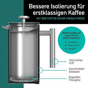 Coffee Gator French Press Coffee Maker - Stainless Steel Thermo Coffee Pot for Longer Hot Coffee - 1 Liter – Grey - Includes Travel Coffee Canister
