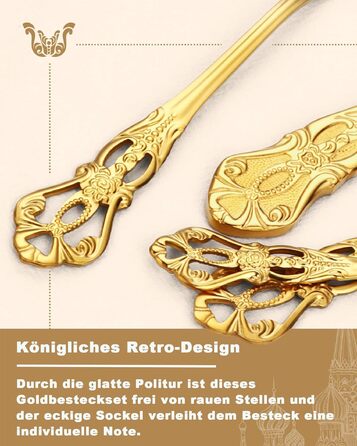 Набір столових приборів Retro Gold на 6 осіб, 24 предмети, нержавіюча сталь, античний бароковий дизайн, золотий колір