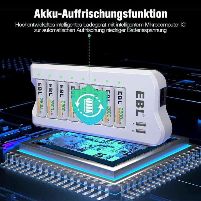 Зарядний пристрій EBL для акумуляторів AA AAA (NI-MH, NI-Cd) та USB пристроїв, 8 слотів, LED дисплей, 2 USB порти