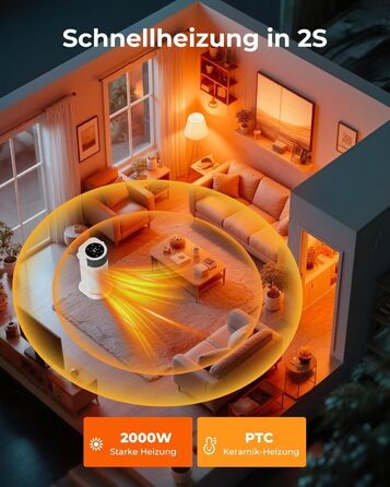 Електричний обігрівач 2000W з PTC-керамічним нагрівачем, тихий, з пультом керування, таймером, поворотним механізмом 70°, LED-дисплеєм для офісу, спальні, ванної кімнати, дому (білий)