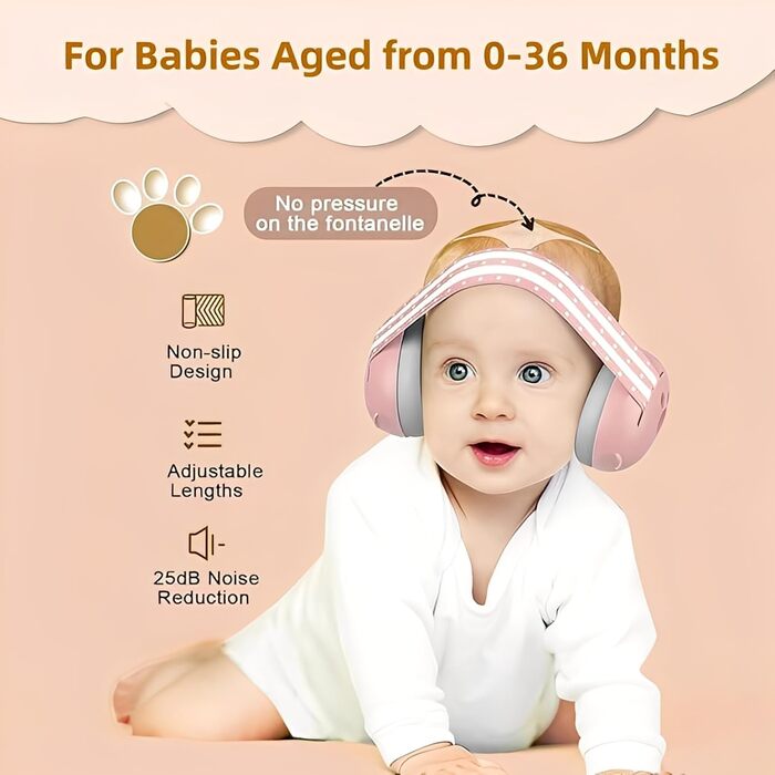Навушники для захисту від шуму для немовлят та малюків (0-36 місяців), високоякісні дитячі навушники з регульованим антиковзним стрічкою, ідеально підходять для повсякденного використання, сну та подорожей, рожеві