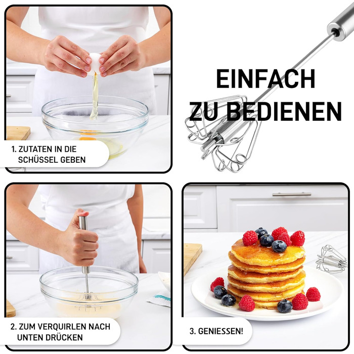 Zulay Kitchen: Ручний вінчик з нержавіючої сталі - автоматичний вінчик з пружинним механізмом, легке збивання яєць, тіста, молока, соусів, придатний для миття в посудомийній машині, стійкий до корозії, срібний