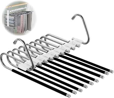 2-Piece Trouser Hangers Clothes Hangers Space-Saving Stainless Steel Non-Slip Foldable Multi-Functional Hanger for Trousers, Scarves, Jeans, Clothing, Towels (Black with 14 Clothes Hangers)