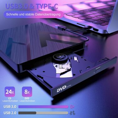 Зовнішній CD/DVD привід varkda USB 3.0 та USB-C, портативний оптичний накопичувач та записувач для ноутбука, ПК, Mac, Windows, Linux (8 в 1, чорний)