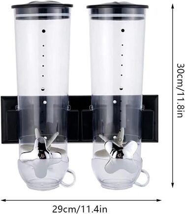 Futchoy Muesli Dispenser Double 3L Wall Mount Cereal Dispenser Corn Flakes Dispenser for Muesli, Corn Flakes, Cereals, Sweets, 29 x 15 x 30 cm (Black)