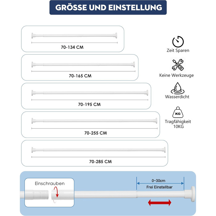 Висувна штанга для душу, штанга для душу без свердління, кріпиться без свердління, для шафи (70-195 см, білий)