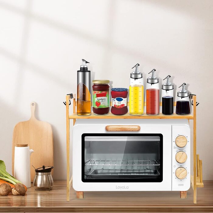 Поличка для мікрохвильової печі 3-рівнева, органайзер з гачками, розширювана, висувна (40-64см), з вуглецевої сталі (2 яруси, бамбук, 55x35x42см)