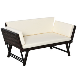 Розкладне садове софа Outsunny з ротангу Polyrattan на 2 особи, садові меблі, садове софа для відпочинку з підлокітниками, сталь, коричневий, 129x63x67 см для тераси та балкону.