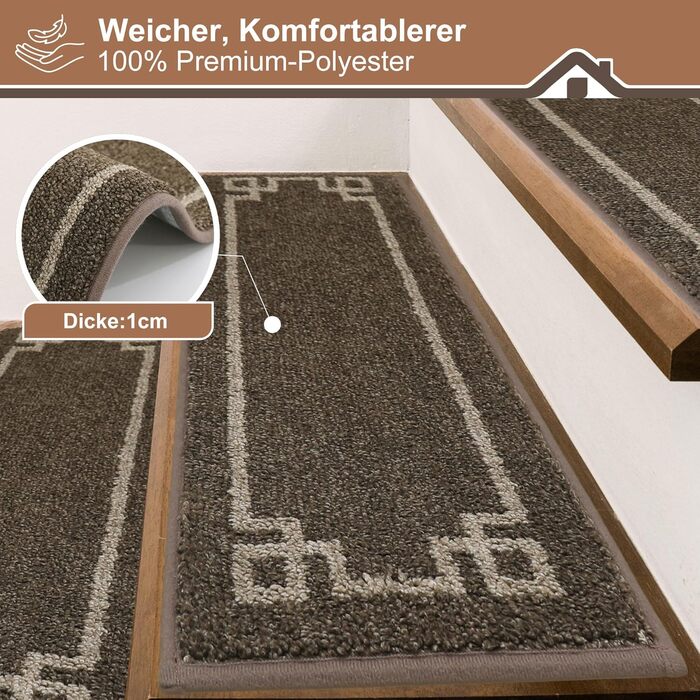 Килимок для сходин BEQHAUSE, 15 шт., самоклеючий, для дітей, літніх людей та домашніх тварин, 100% поліестер, TPE-підкладка, 22x70 см, коричневий