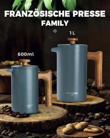 Poliviar French Press Coffee Maker 600 ml/21oz, Double-Walled Insulated Coffee Pot and Teapot, Manual Filter Coffee Press with Plunger & Wooden Handle, JX2024-SFPLN-DE 600ml Green - Cracked