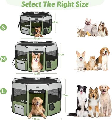 PETSFIT Розкладний вольєр для цуценят та дрібних тварин, вольєр для собак, котів, сірий/зелений, 92x84x53 см