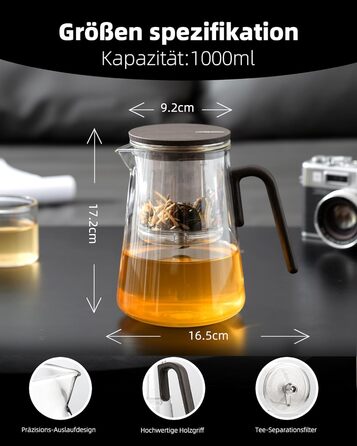 Чайник ZENS Magic з боросилікатного скла з ситом, 1000 мл, з магнітним кришкою та ручкою з чорного горіха