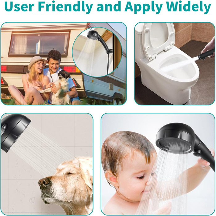 MIAOHUI Modern Handheld Showerhead with On/Off Switch, High-Pressure Showerhead with Handheld, 3 Spray Settings, Detachable Showerhead with Hose, Adjustable Angle Shower Holder (Brushed Nickel) (Black)
