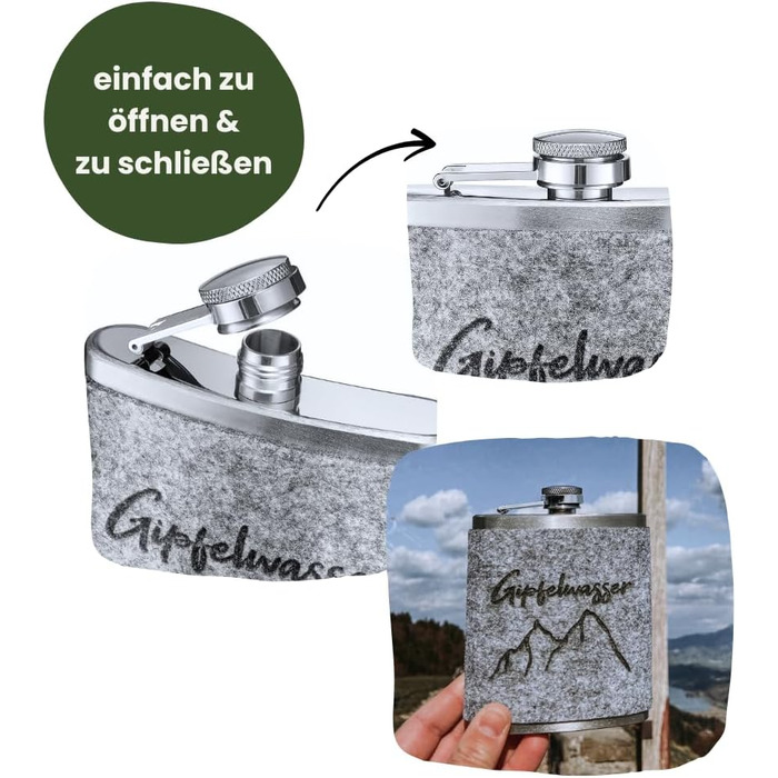 Фляга Gipfelgaudi з фетровим чохлом та лазерним гравіюванням – 200 мл, нержавіюча сталь | Стильна фляга для подорожей та особливих моментів