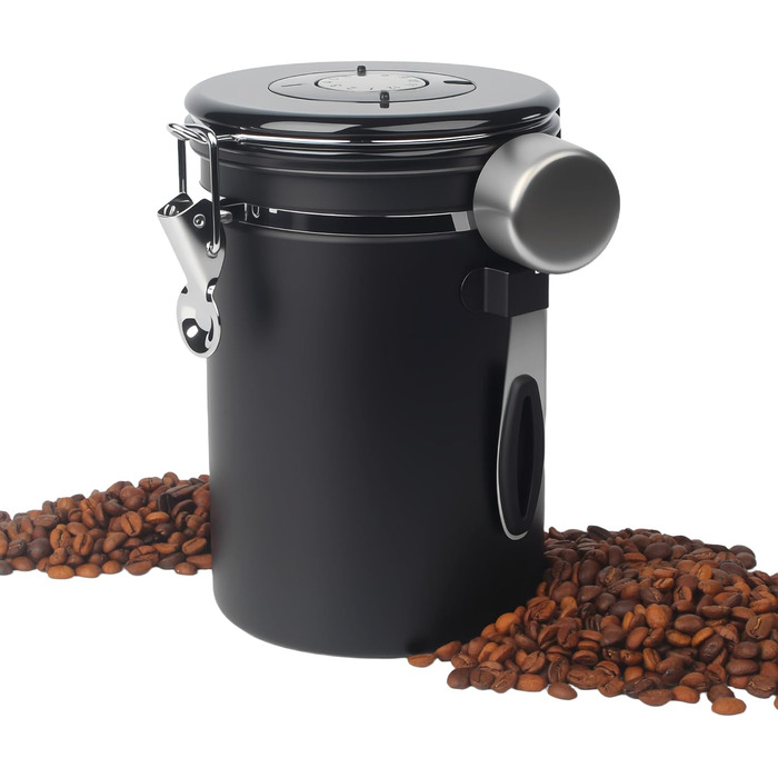 Герметична кавова банка 1,8 л з нержавіючої сталі з датою та ложкою, для кави, чаю, горіхів, какао (чорна)