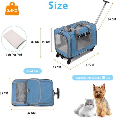 Переноска для тварин ALLSOPETS з колесами для котів та собак, блакитна