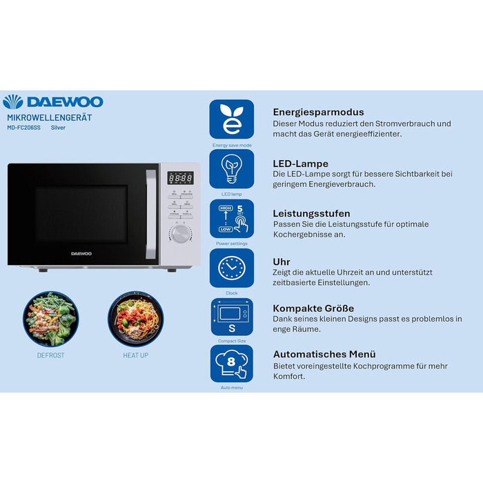 Мікрохвильова піч Daewoo MD-FC206SB 20L, 700W, чорний колір (Solo, срібло)