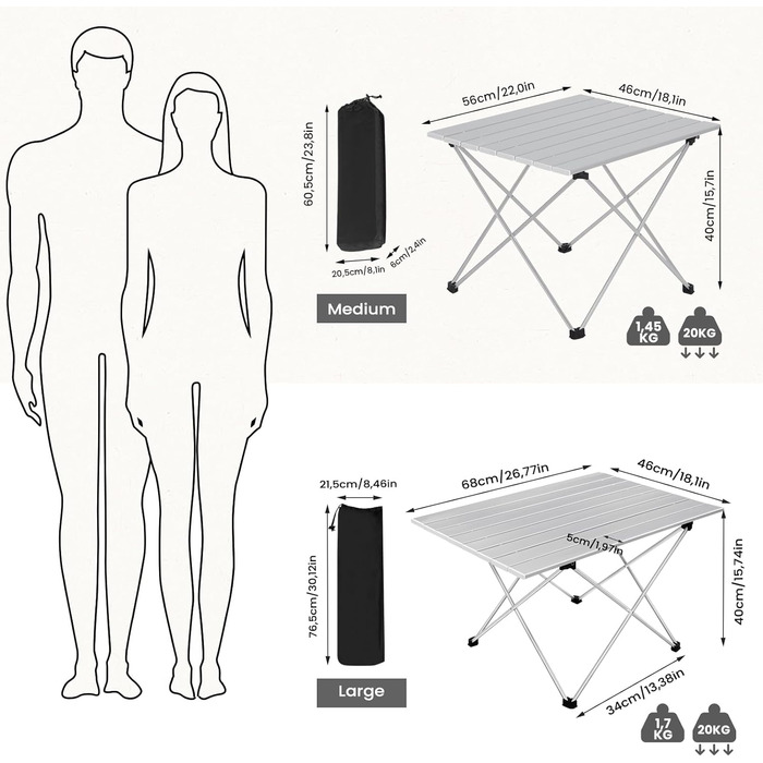 WOLTU Складаний туристичний столик з алюмінію для кемпінгу, пікніків та риболовлі, 68x46x40 см, срібний