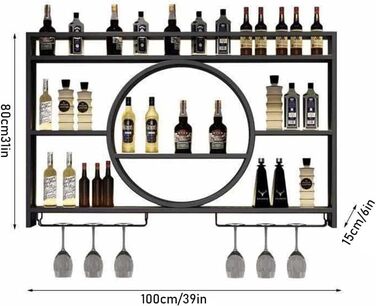 Металева вітрина для вина на стіну, круглий винний стеллаж, шафа для вина з металу, для бару, полиці для бару, багатофункціональна вітрина для дому, ресторану, бару (100x15x80 см, Чорний)