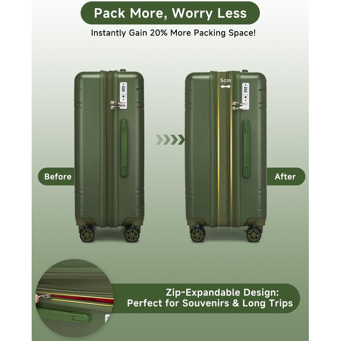 Набір валіз Sea Choice: 3 валізи з жорстким корпусом, розширювані, з 4 колесами, легкі, з TSA замком (зелений, ручна поклажа 20 дюймів)